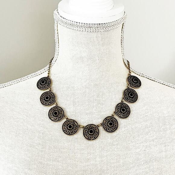 J. Crew Gold & Black Rhinestone Medallion Statement Necklace - Picture 2 of 7